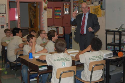 Joe Calhoun, chief meteorologist for WGAL-TV, visits the students