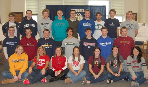 Pictured: First Row (left to right): Jessie Greenslade, George Mason University (volleyball) Lindsay Hutchinson, Stony Brook University (soccer) Shannon Sloss, University of Louisville (field hockey) Danielle Landis, East Stroudsburg University (soccer) Emily McCoy, Boston College (field hockey) Eryn McCoy, Boston College (field hockey) Lauren Ali, Saint Mary's College of California (lacrosse)  Middle Row (left to right): Tim Harris, Lebanon Valley College (baseball) Darren Weidman, Saint Joseph's University (baseball) Daulton Parmer, Lycoming College (football) Brady Charles, Jacksonville University (lacrosse) Harrison Schettler, Shippensburg University (cross-country & track) Aaron Brown, Lebanon Valley College (golf) Kyle Musser, Kutztown University (football)  Back Row (left to right): Connor Fink, Nominated for Appointment to West Point (cross-country & track) Taylor Skelly, Franklin & Marshall College (soccer) Adam Hess, Nominated for Appointment to Naval Academy (football, basketball, lacrosse) Zachary Burke, Coastal Carolina University (baseball) Alex Quinn, Nominated for Appointment to West Point (football, basketball, baseball) Cooper Lindsley, Seton Hall University (swimming) Travis Wells, Coastal Caroline University (track) Jonathan Bitner, Cedarville University (cross-country & track) McCollister Evarts, Washington & Lee University (wrestling)