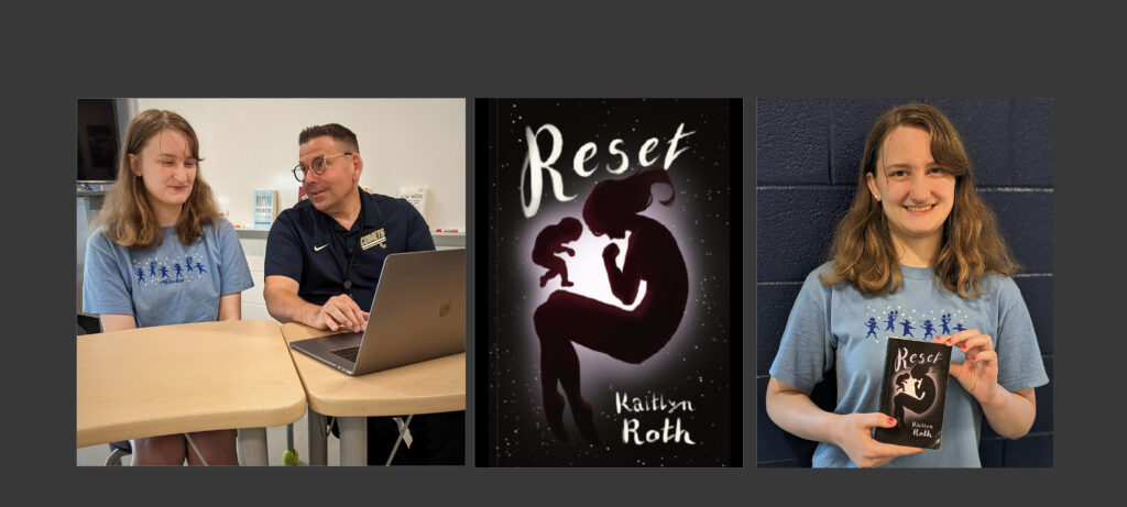 Photos of Kaitlyn Roth holding her book and Kaitlyn with English teacher Hertzog.